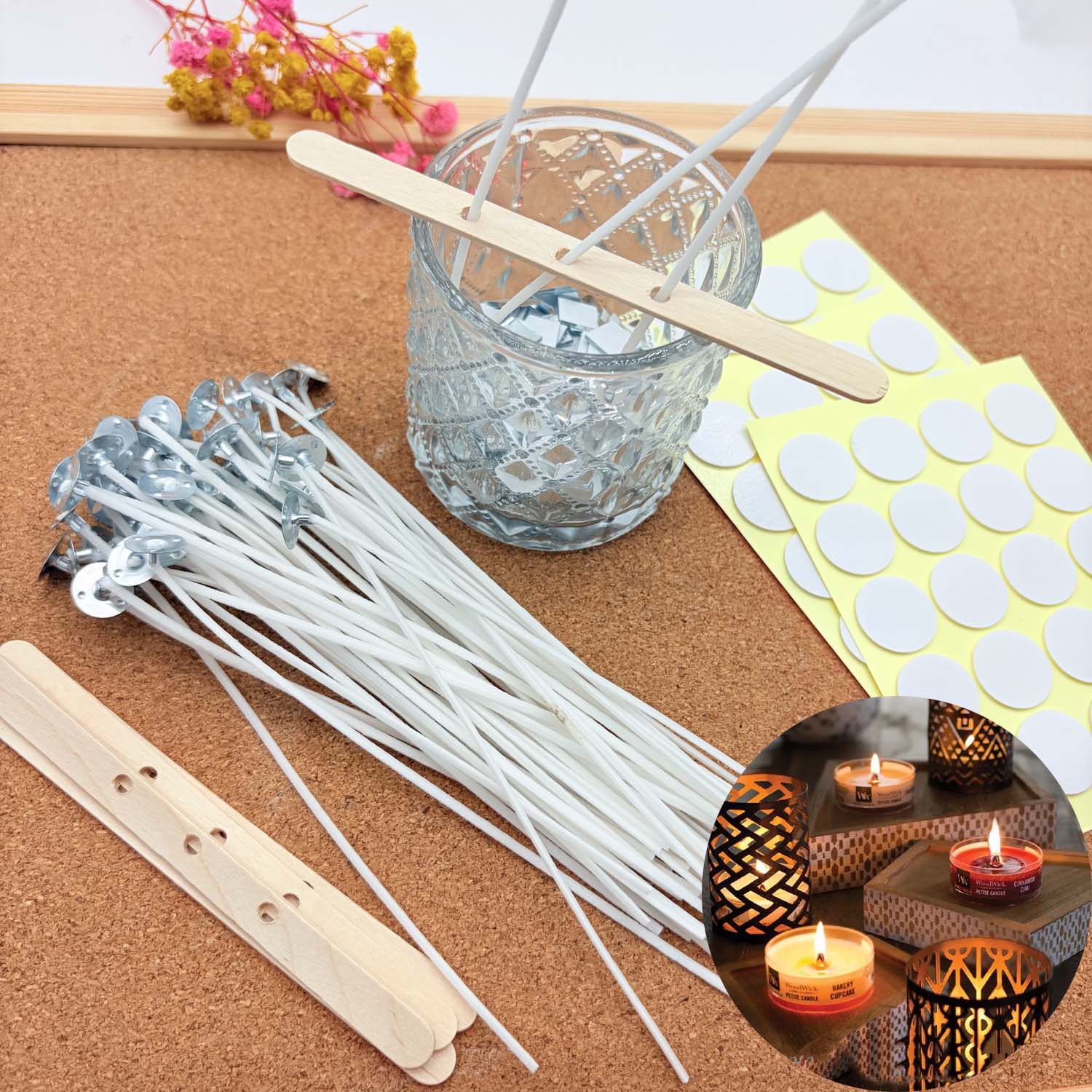 Candle Making Kit Diy - 1セットのキャンドル作りDIYキット、無煙キャンドル、綿芯、金属製サステナータブ付きワックスコート芯、キャンドルDIY作成用木製ホルダー